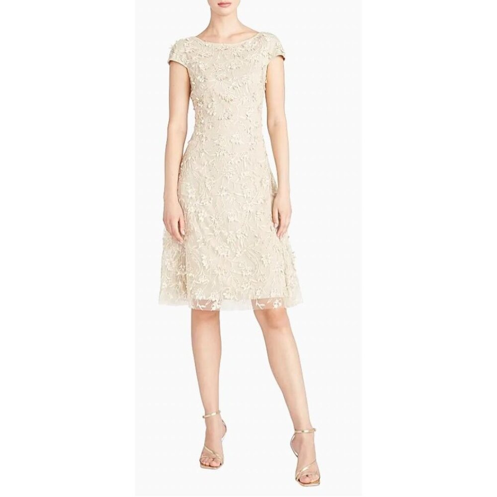 NWT Theia Chrisley Petal Beaded Cocktail Dress Champagne Sz 0 $895 [jb]